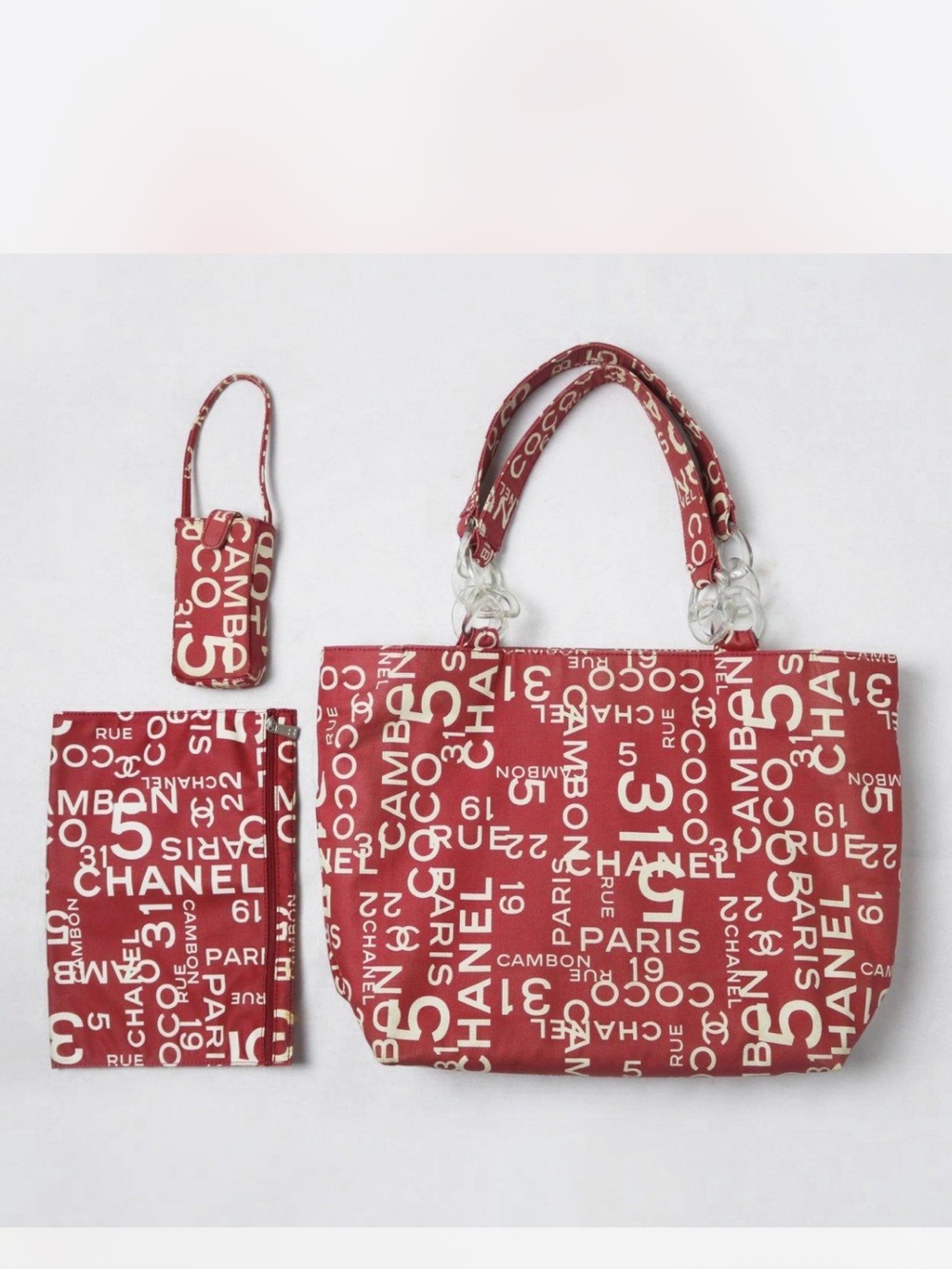 Chanel Red/White Coco Print
Canvas Beach Tote Bag 3 piece Set Authentic